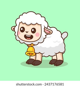 Cute Sheep With Bell Cartoon Vector Icon Illustration. Animal Nature Icon Concept Isolated Premium Vector. Flat Cartoon Style