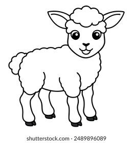 A cute sheep with big, expressive eyes stands cheerfully, drawn in a charming outline style perfect for young artists. vector for coloring page and coloring books