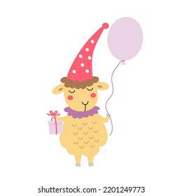 Cute Sheep In Birthday Hat With Present And Balloon. Happy Little Lamb On The Party. Funny Cartoon Farm Animal. Hand Drawn Vector Illustration, Flat Design.  Idea For Print On Kids Card, Invitation. 