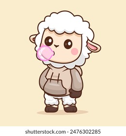 Cute Sheep Blowing Gum With Hoodie Cartoon Vector Icon Illustration. Animal Fashion Icon Concept Isolated Premium Vector. Flat Cartoon Style