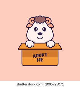 Cute sheep in box with a poster Adopt me. Animal cartoon concept isolated. Can used for t-shirt, greeting card, invitation card or mascot.