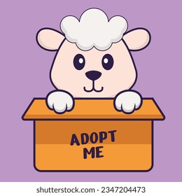 Cute sheep in box with a poster Adopt me. Animal cartoon concept isolated. Can used for t-shirt, greeting card, invitation card or mascot.