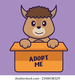 Cute sheep in box with a poster Adopt me. Animal cartoon concept isolated. Can used for t-shirt, greeting card, invitation card or mascot