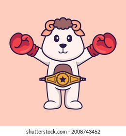 Cute sheep in boxer costume with champion belt. Animal cartoon concept isolated. Can used for t-shirt, greeting card, invitation card or mascot.