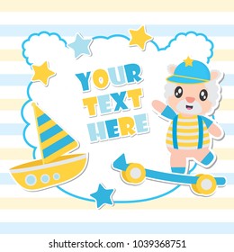 Cute sheep boy and toys frame vector cartoon illustration for baby shower card design, postcard, and wallpaper