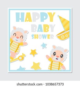 Cute sheep boy and toys vector cartoon illustration for baby shower card design, postcard, and wallpaper