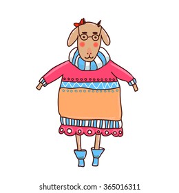 Cute sheep in a bright sweater. Vector illustration. Character design.