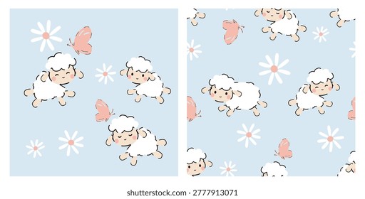 Cute sheep and butterfly pattern with daisy flowers on blue background illustration.