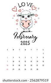 Cute Sheep Calendar for February 2025, A delightful illustration of a cartoon sheep holding a heart, featured in a calendar layout for February 2025.