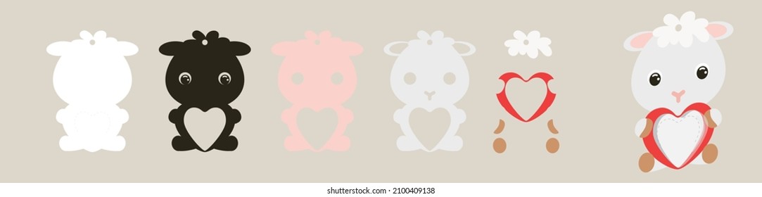 Cute sheep candy ornament. Layered paper decoration treat holder for dome. Hanger for sweets, candy for birthday, baby shower, valentine days. Print, cut out, glue. Vector stock illustration