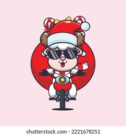 Cute sheep carrying christmas gift with motorcycle. Cute christmas cartoon illustration. 