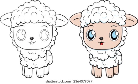 Cute Sheep cartoon. Black and white lines. Coloring book for kids. Activity Book.