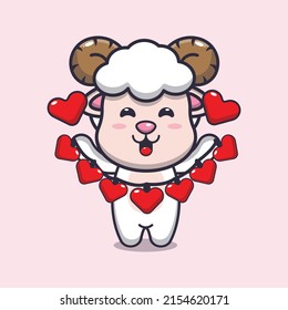 cute sheep cartoon character holding love decoration