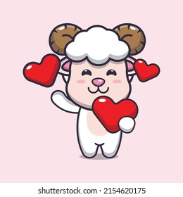 caricaturista de caricatura de ovejas lindas sosteniendo el corazón del amor en el día de San Valentín