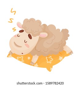 Cute Sheep Cartoon Character Sleeping on Soft Pillow Vector Illustration