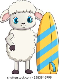 Cute sheep cartoon  holding a surfboard on white background. Perfect for summerthemed designs, surf culture illustrations, and fun animalrelated projects.