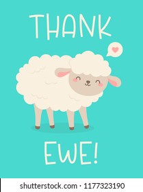 Cute sheep cartoon illustration with text "Thank ewe" for thank you card design.
