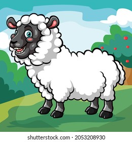 A cute sheep cartoon isloated on wonderfull farm. Vector illustration