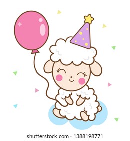 Cute sheep cartoon, Pastel character holding balloon doodles party theme happy birthday, baby shower boy girl- Perfect for posters, stickers, greeting cards, notebooks and other childish accessories. 