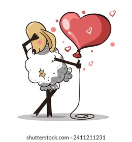 cute sheep  in the cartoon style with flower, vector illustration isolated on white background