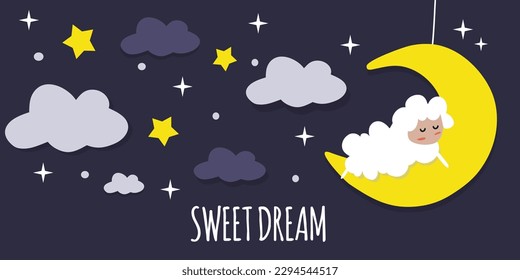 Cute sheep in cartoon style sleeps against the background of the starry sky and clouds. Wishing you good dreams.