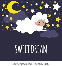 Cute sheep in cartoon style sleeps against the background of the starry sky and clouds. Wishing you good dreams.