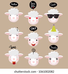 Cute sheep characters and doodle speech bubbles set