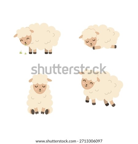 Cute sheep characters set. Adorable cartoon farm animal in different poses, eating grass, sleeping, sitting, and walking. Sweet vector collection for kids.