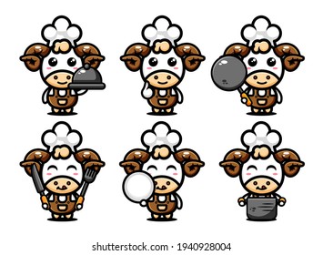 cute sheep chef character design set with cooking equipment
