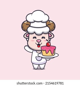 
cute sheep chef mascot cartoon character with cake