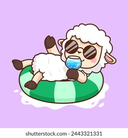 Cute Sheep Chill On Swimming Tires With Juice Cartoon Vector Icon Illustration. Animal Holiday Icon Concept Isolated Premium Vector. Flat Cartoon Style