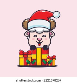 Cute sheep with christmas gift. Cute christmas cartoon illustration. 