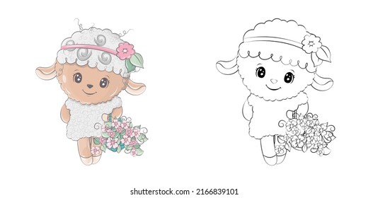 Cute Sheep Clipart Illustration and Black and White. Funny Clip Art Lamb with a Basket of Flowers. Vector Illustration of an Animal for Coloring Pages, Stickers, Baby Shower, Prints for Clothes.  svg