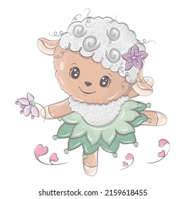 Cute sheep clipart vector illumination. The sheep is dancing in a beautiful dress. Cute little illustration of lamb for kids, baby book, fairy tales, baby shower invitation, textile t-shirt, sticker.