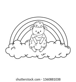 cute sheep in the clouds with rainbow