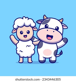 Cute Sheep And Cow Friend Cartoon Vector Icon Illustration. Animal Nature Icon Concept Isolated Premium Vector. Flat Cartoon Style