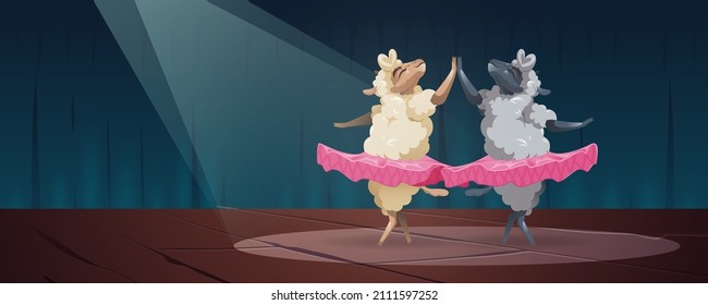 Cute sheep dance ballet on scene. Farm animals cartoon ballerina dancers wear pink tutu perform spectacle on stage with spotlights. Little fluffy lambs funny characters fun, Vector illustration