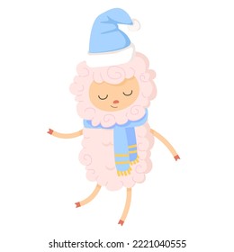Cute sheep dancing in christmas hat and scarf