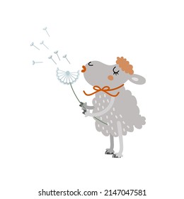 Cute sheep with dandelion. Funny lamb blowing dandelion flower. Summer time. Happy cartoon character, scandinavian style. Hand drawn vector illustration isolated on white background. Flat design