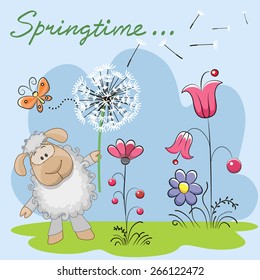 Cute Sheep with dandelion on a meadow 