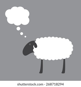 Cute sheep with dark grey head, ear, eye, legs and white body with space for your text and dream bubble over it isolated on grey background. Logo template, design element
