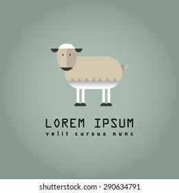 Cute sheep with dark grey head, ear, eye, legs and white body with space for your text isolated on grey background. Logo, flat design. Can be use for advertising butcher shop, wool or felt store