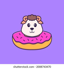 Cute sheep with a donut on his neck. Animal cartoon concept isolated. Can used for t-shirt, greeting card, invitation card or mascot.