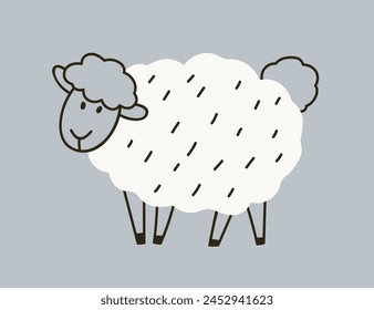 Cute sheep in doodle Scandinavian style. Adorable baby farm animal with fluffy wool. Black and white drawing, lamb. Country livestock. Scandi childish nursery flat graphic vector illustration