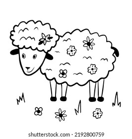 Cute sheep in doogle black and white style