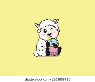 Cute Sheep Drink Boba Vector Design