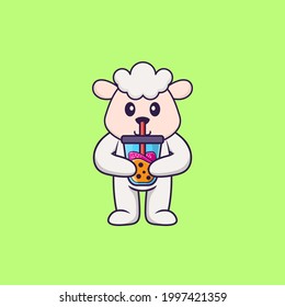 Cute sheep Drinking Boba milk tea. Animal cartoon concept isolated. Can used for t-shirt, greeting card, invitation card or mascot.