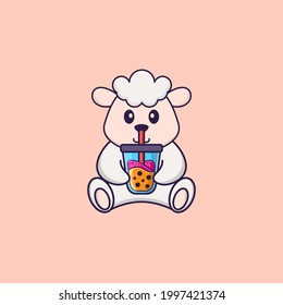 Cute sheep Drinking Boba milk tea. Animal cartoon concept isolated. Can used for t-shirt, greeting card, invitation card or mascot.