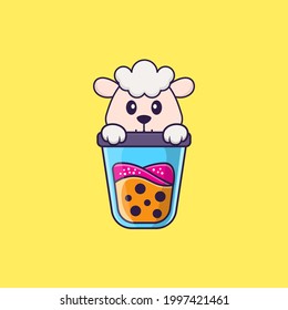 Cute sheep Drinking Boba milk tea. Animal cartoon concept isolated. Can used for t-shirt, greeting card, invitation card or mascot.