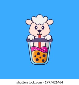 Cute sheep Drinking Boba milk tea. Animal cartoon concept isolated. Can used for t-shirt, greeting card, invitation card or mascot.